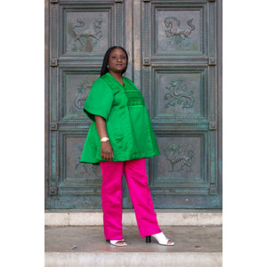 ic: Ethically made green women's blouse. Adaptive Clothing